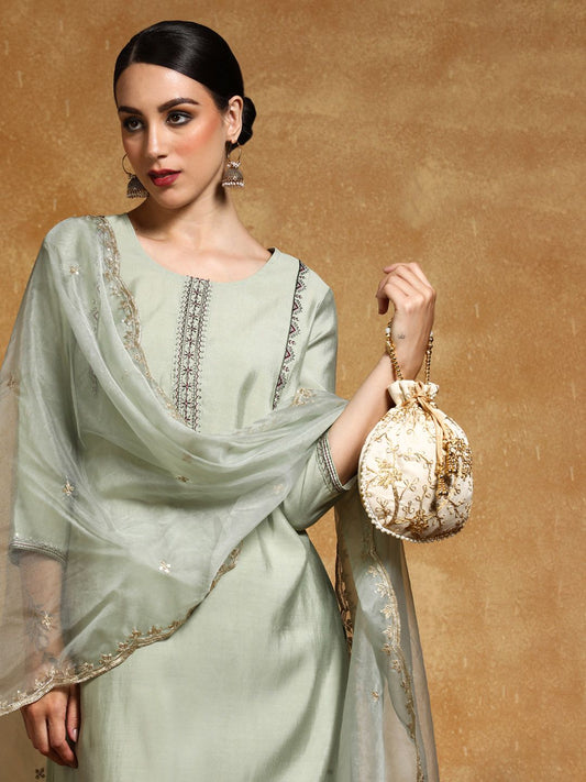 Dhiyona VA Women'sFloral Yoke Design Sequinned Straight Kurta With Trousers And Dupatta