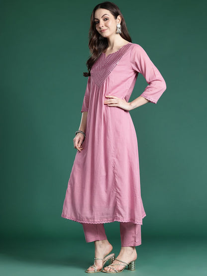 Dhiyona IE Embroidered Pure Cotton Kurta with Trousers & Dupatta