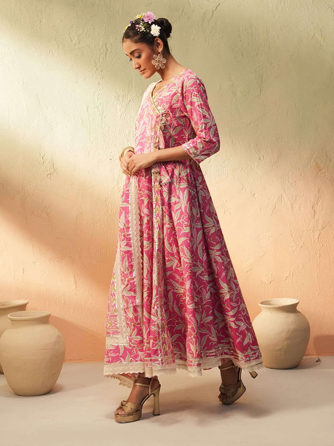 Dhiyona IS Women's Floral Printed V-Neck Angrakha Pure Cotton Anarkali Kurta With Trousers & Dupatta