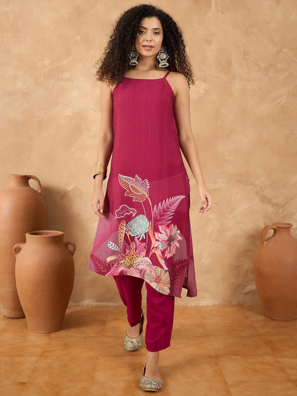 Dhiyona VA Women'sSpaghetti Tie Up Strap Floral Kurta with Trousers