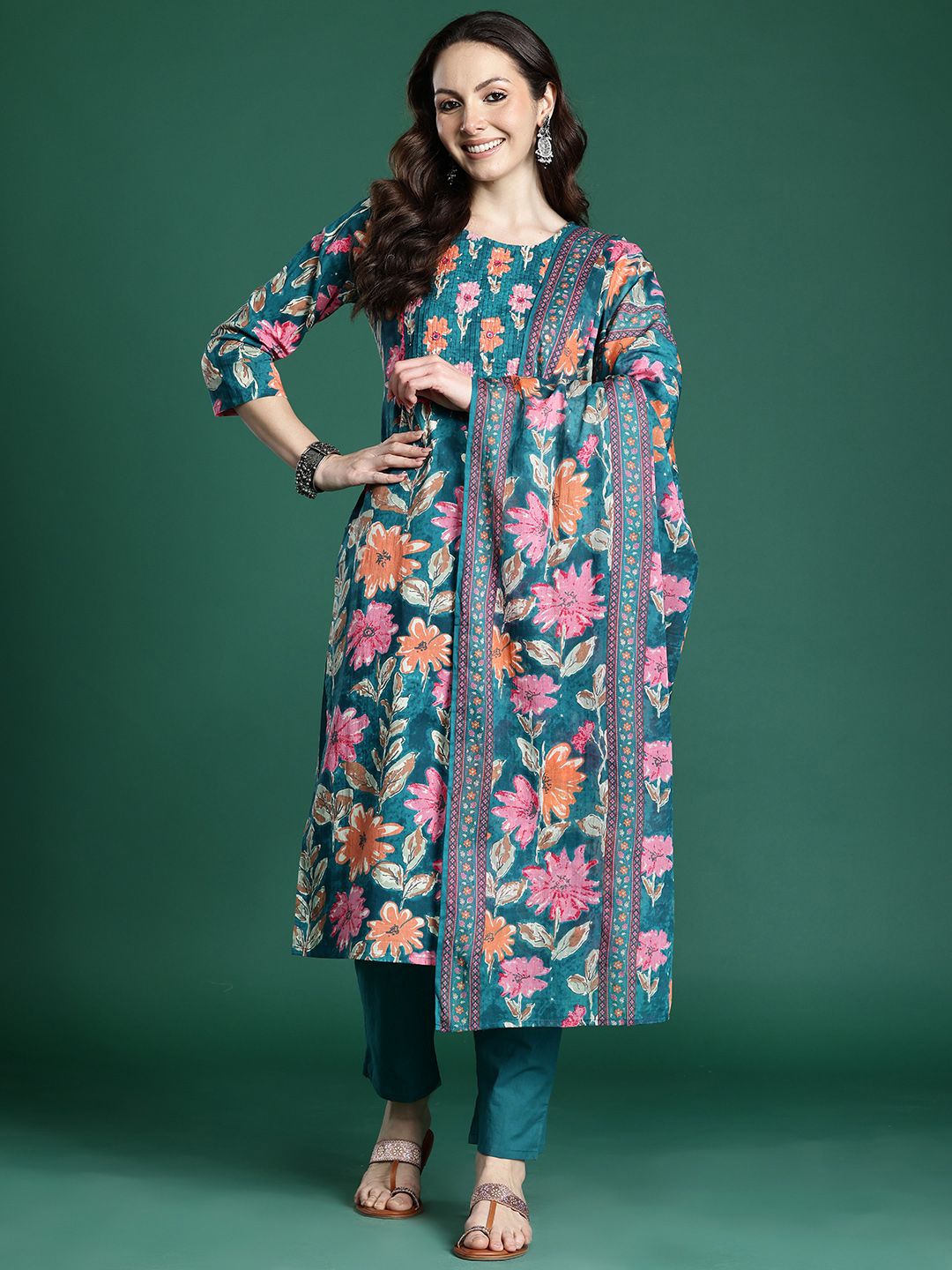 Floral Printed Pure Cotton Kurta with Trousers & Dupatta