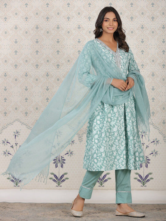 Dhiyona OD  Floral Printed Pure Cotton Kurta With Palozza & Dupatta