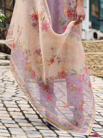 Floral Embroidered Beads and Stones Linen Kurta with Trousers & Dupatta