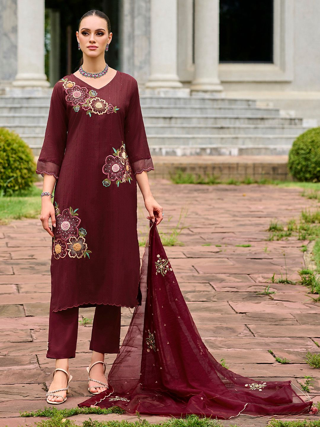 Maroon Floral Embroidered Thread Work Kurta with Trousers & Dupatta
