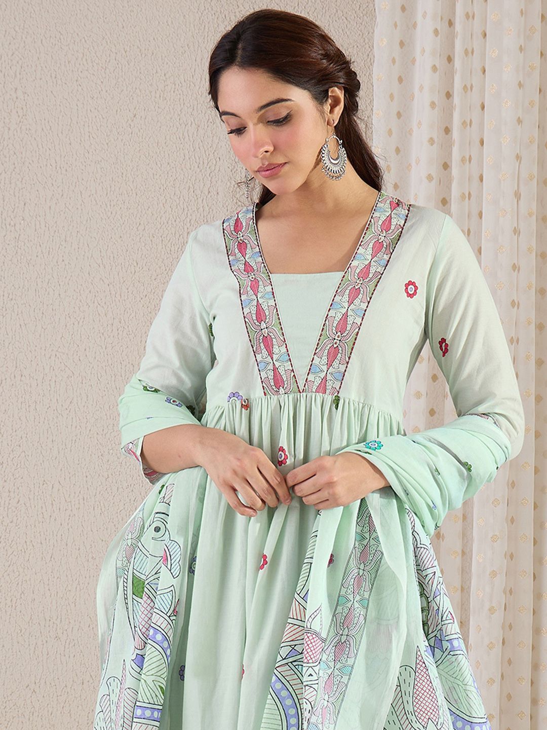 Dhiyona IE Ethnic Motifs Printed Pure Cotton A-Line Kurta With Trouser & Dupatta