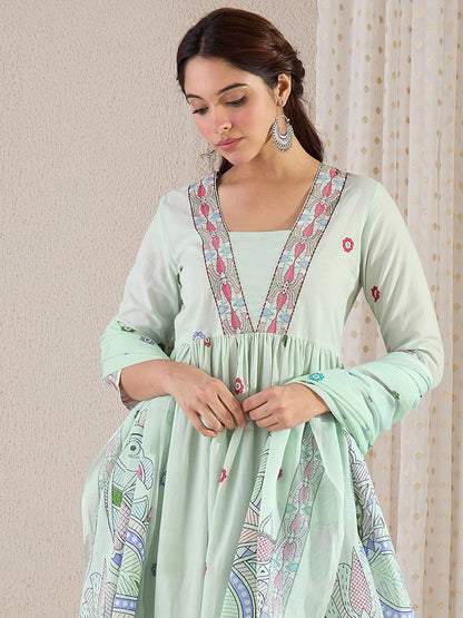 Ethnic Motifs Printed Pure Cotton A-Line Kurta With Trouser & Dupatta