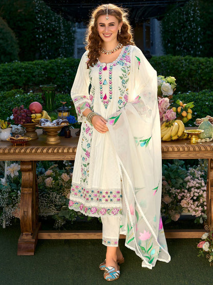 Women Embroidered Regular Thread Work Pure Cotton Kurta with Trousers & Dupatta