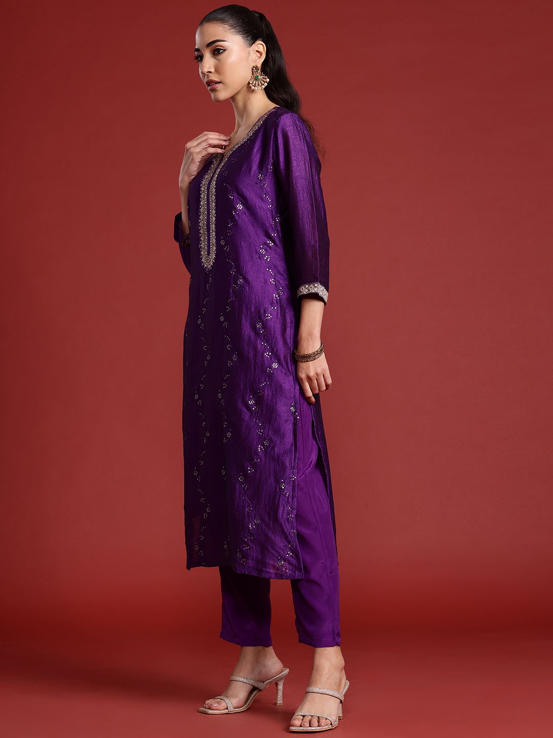 Dhiyona IE Floral Embroidered Sequinned Kurta With Trousers & Dupatta