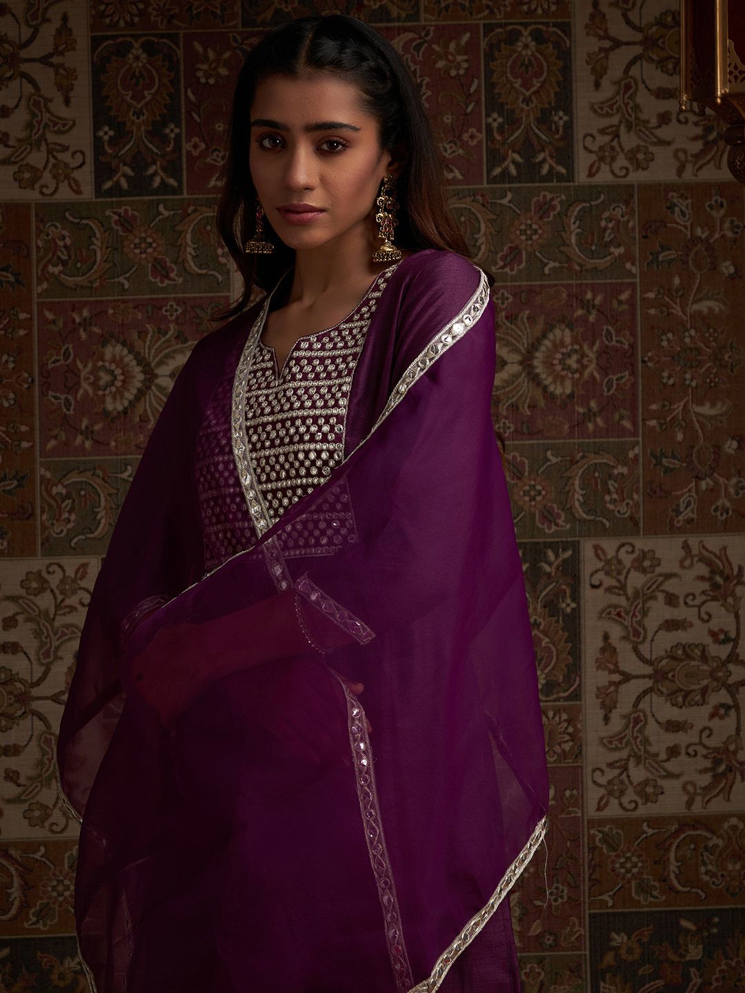 Yoke Design Embroidered Regular Kurta With Trousers & With Dupatta