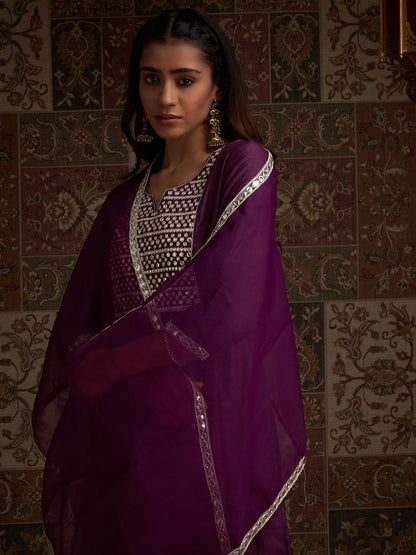 Yoke Design Embroidered Regular Kurta With Trousers & With Dupatta