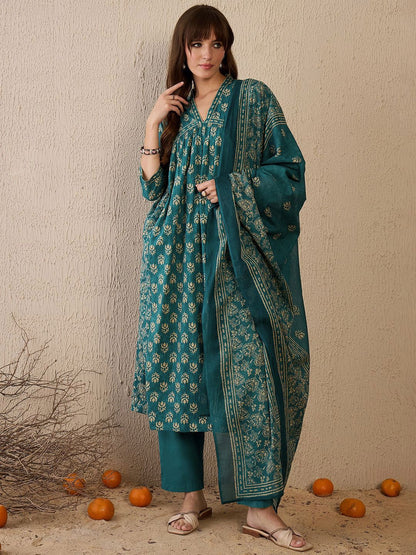Women Floral Printed Empire Pure Cotton Kurta with Trousers & With Dupatta