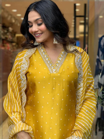 Women's Bandhani Embroidered Regular Sequinned Kurta With Trouser & Dupatta
