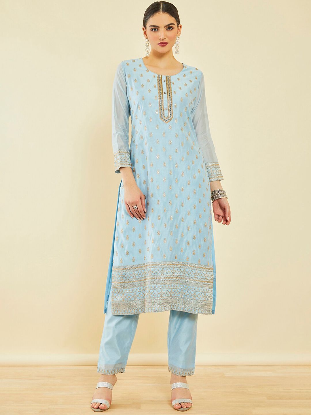 Dhiyona SO Women's Ethnic Motifs Embroidered Sequinned Chanderi Silk Kurta With Trousers & Dupatta