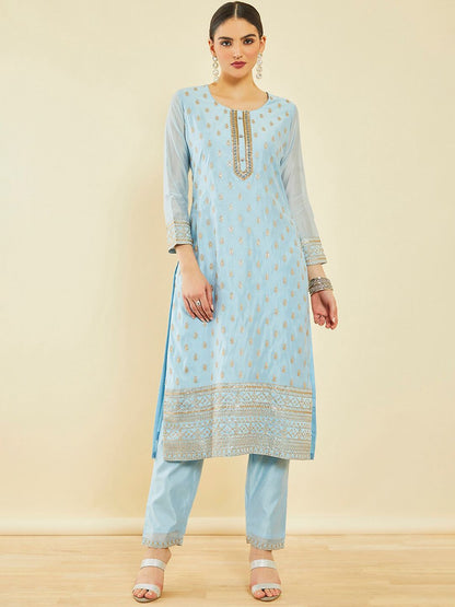 Dhiyona SO Women's Ethnic Motifs Embroidered Sequinned Chanderi Silk Kurta With Trousers & Dupatta