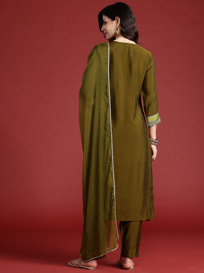 Floral Embroidered Sequinned Kurta With Trousers & Dupatta