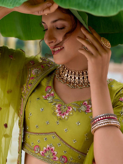 Women Sea Green Pure Chiffon Sequins and thread embroidery  Lehenga choli & Dupatta