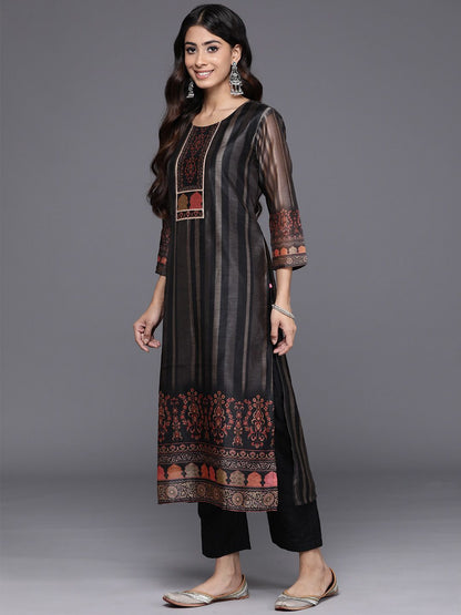 Dhiyona VA Women'sEthnic Motifs Printed Regular Chanderi Silk Kurta with Trousers & With Dupatta