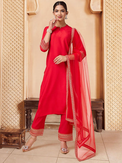 Dhiyona PD Women Self Design Sequinned Embroidered Kurta With Trouser & Dupatta