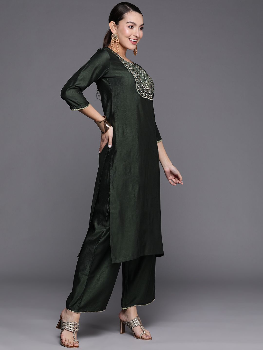 Dhiyona IE Women Ethnic Motifs Embroidered Sequinned Liva Kurta with Palazzos & With Dupatta