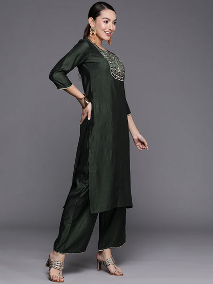Dhiyona IE Women Ethnic Motifs Embroidered Sequinned Liva Kurta with Palazzos & With Dupatta