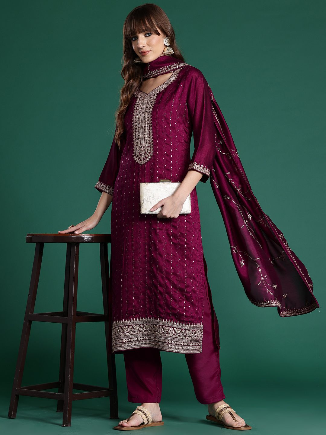 Dhiyona IE Ethnic Motifs Embroidered Sequinned Kurta with Trousers & With Dupatta
