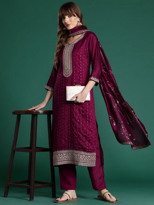Ethnic Motifs Embroidered Sequinned Kurta with Trousers & With Dupatta