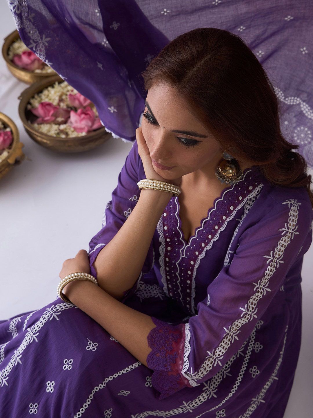 Ethnic Motifs Embroidered V-Neck Pure Cotton Kurta with Trousers & Dupatta