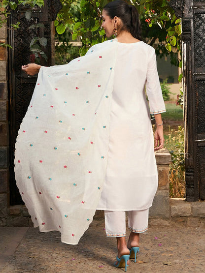 Dhiyona IE Floral Embroidered Pure Cotton Straight Kurta With Trousers & Dupatta