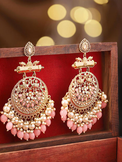 Dhiyona RJ Women's 18K Antique Gold-Plated Big Chandbali Earrings with Pearl & Pink Bead Accents