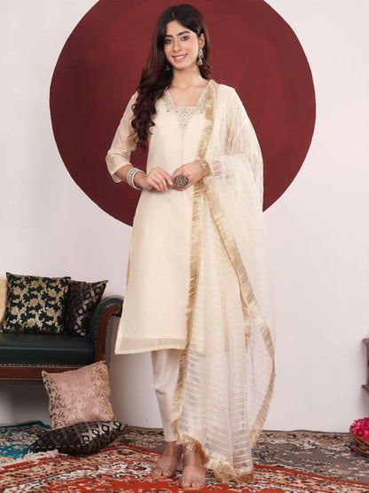 Dhiyona VA Women'sFloral Embroidered V-Neck Straight Kurta With Trousers & Dupatta
