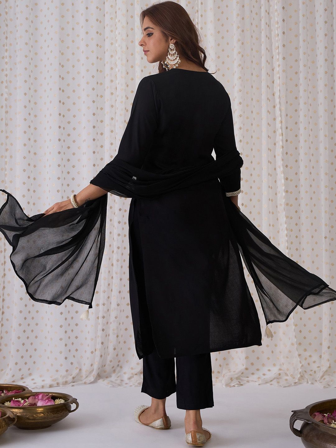 Ethnic Embroidered Round Neck Straight Kurta with Trousers & Dupatta