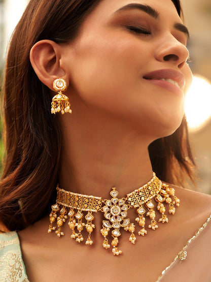 Dhiyona RJ Women's 22K Gold-Plated White Kundan Studded & Pearl Beaded Handcrafted Choker JewellerySet