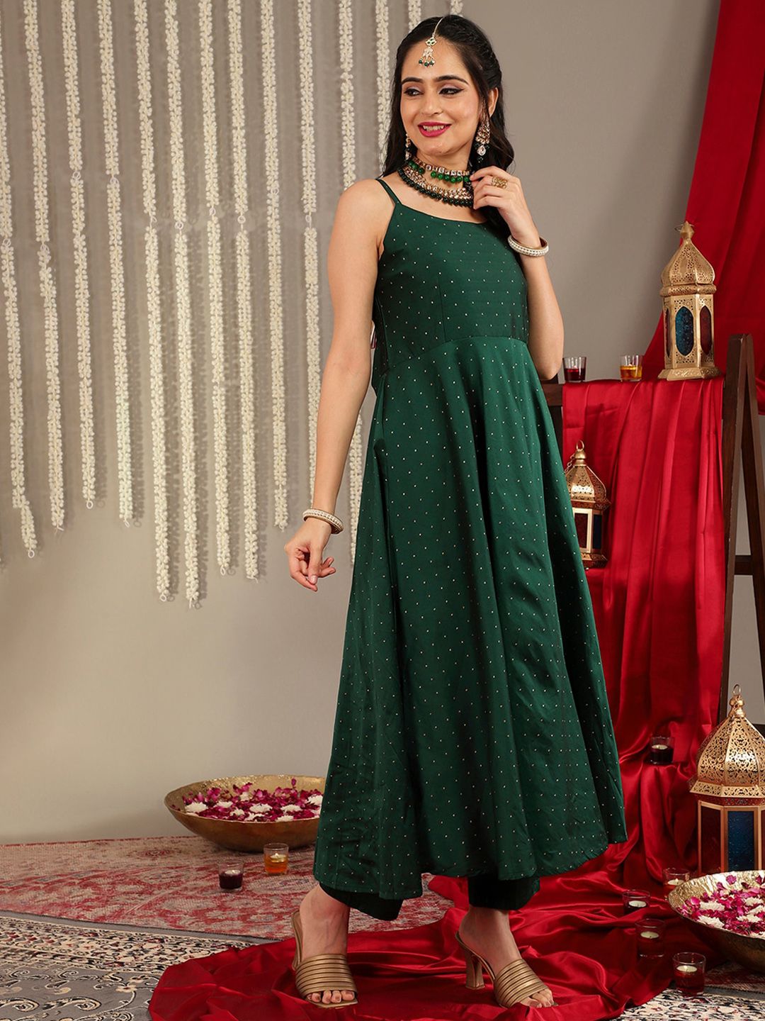 Dhiyona VA Women'sWoven Design Shoulder Straps Zari Detail Anarkali Kurta & Trousers With Dupatta