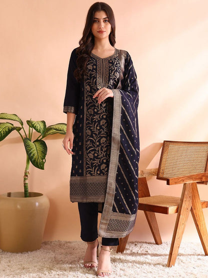 Dhiyona PD Women Women Chanderi Woven Design Straight Kurta Trousers With Dupatta