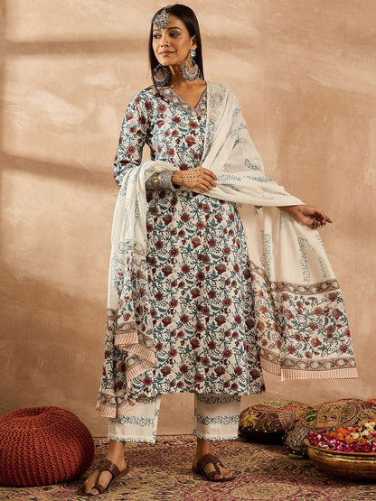 Dhiyona IE Women Floral Printed Regular Pure Cotton Kurta with Trousers & With Dupatta