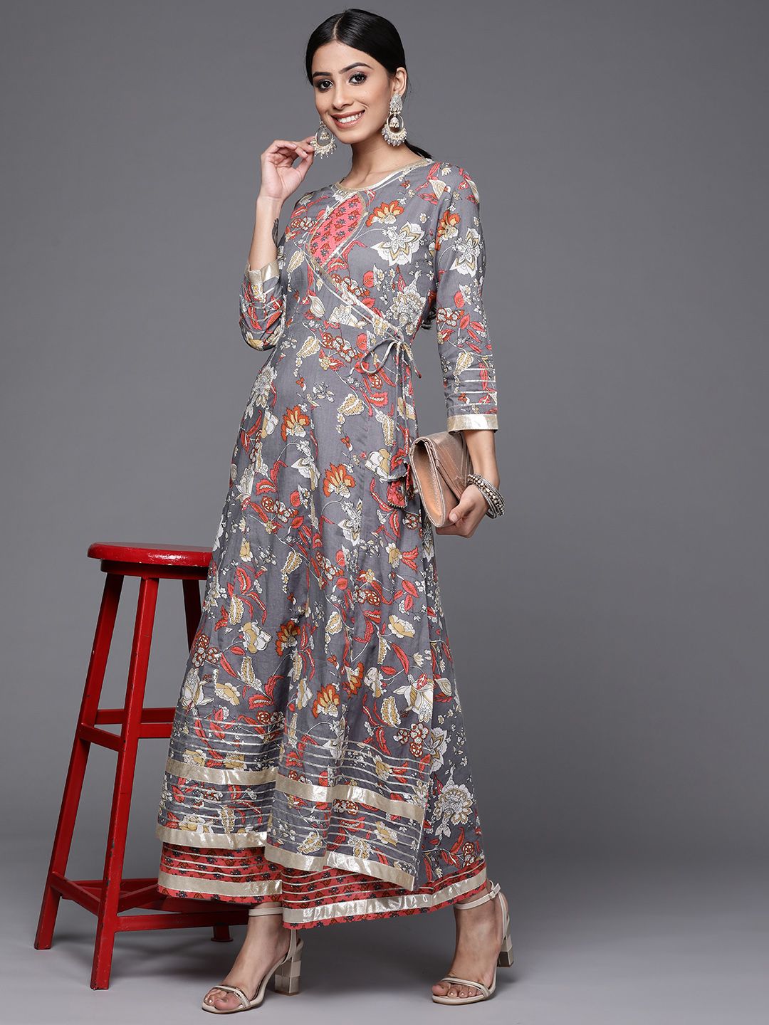 Dhiyona VA Women's Grey & Pink Floral Print Angrakha Gotta Patti Pure Cotton Kurta with Sharara