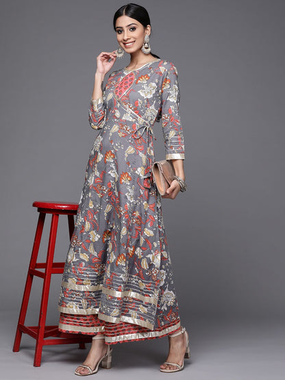 Dhiyona VA Women's Grey & Pink Floral Print Angrakha Gotta Patti Pure Cotton Kurta with Sharara