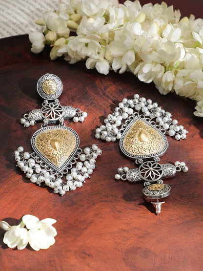 Dhiyona RJ Women's Dual-Tone Oxidised Silver & Gold Plated Chandelier Earrings with Pearl Beaded Drops