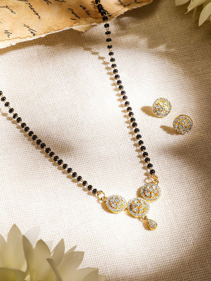 Dhiyona RJ Women's 18K Gold-Plated Cubic Zirconia Studded Circular Black Beads Chain Mangalsutra Set