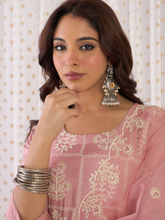 Dhiyona IE Floral Embroidered Thread Work Straight Kurta With Trouser And Dupatta