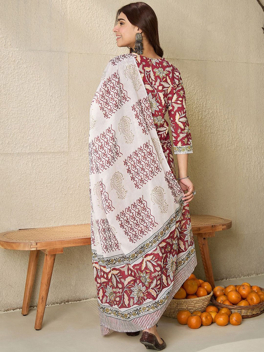 Dhiyona IE Floral Printed V-Neck Pure Cotton Straight Kurta With Trousers And Dupatta