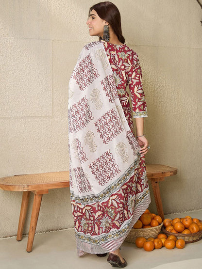 Dhiyona IE Floral Printed V-Neck Pure Cotton Straight Kurta With Trousers And Dupatta