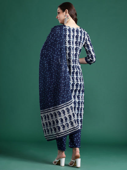Paisley Printed Pure Cotton Kurta With Trousers & Dupatta