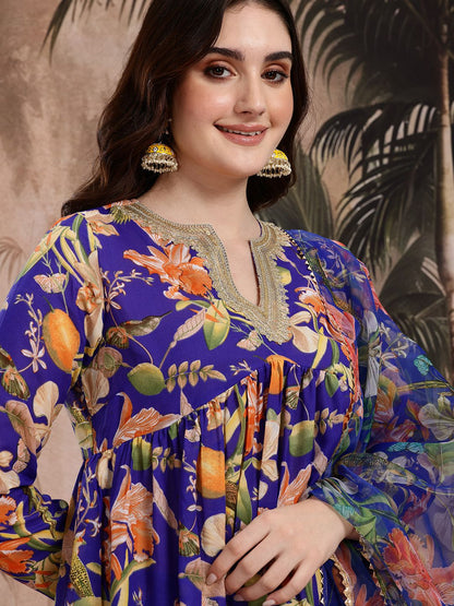 Dhiyona SN Women's Floral Print Empire Kurta with Sharara & Dupatta