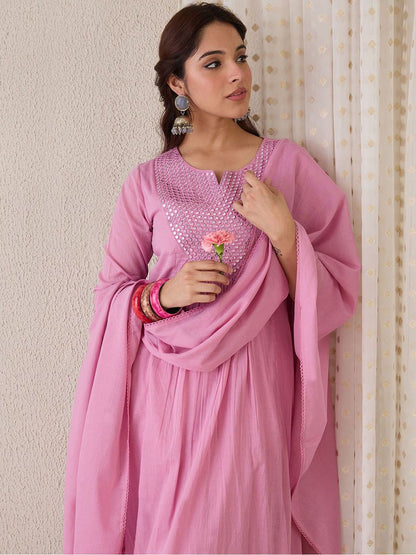Dhiyona IE Women Yoke Design Embroidered Cotton Kurta with Trousers & Dupatta