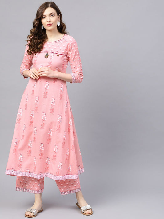 Dhiyona IS Women's Women Pink & White Printed Kurta with Palazzos