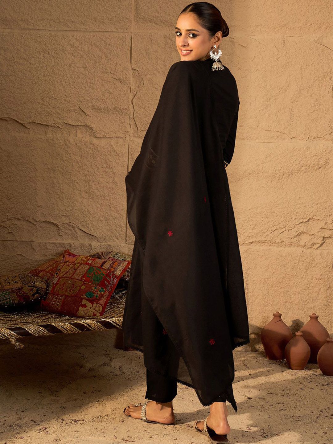 Ethnic Motifs Thread Work Pure Cotton A-Line Kurta & Trousers with Dupatta