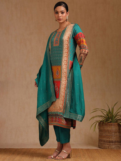 Dhiyona SO Women's Floral Printed Beads and Stones Straight Kurta With Trouser And Dupatta