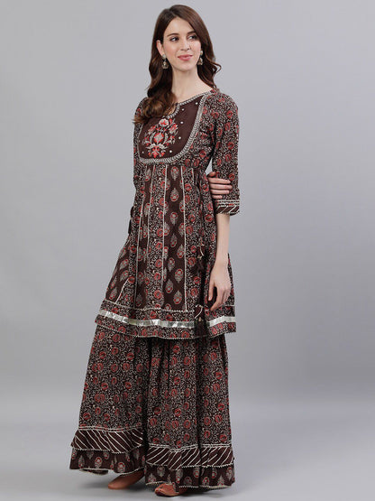 Dhiyona IS Women's Floral Printed Empire Gotta Patti Pure Cotton Kurta with Sharara & With Dupatta