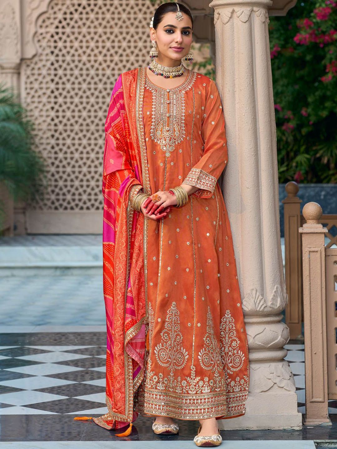 Ethnic Motifs Embroidered Sequinned Anarkali Kurta with Trouser & Dupatta